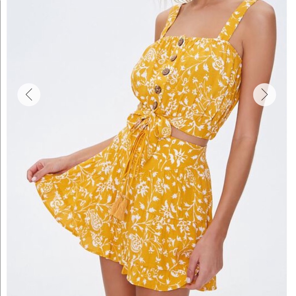 Floral Button-Front Crop Top & Lace-Up Mini Skirt